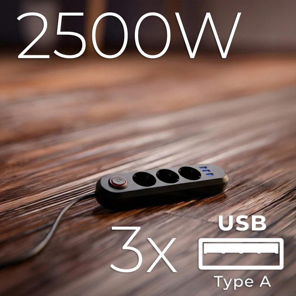 „Maclean“ maitinimo laidas, 3 lizdų prailginimo laidas + 3xUSB, 110-240V AC 50/60Hz, 2.1A max 2500W, 1.5m, juodas, MCE394 B