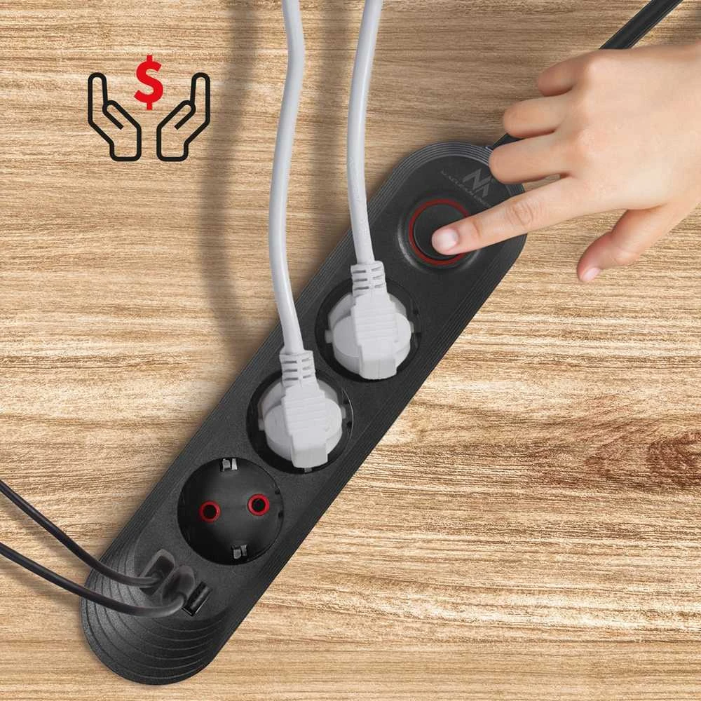 „Maclean“ maitinimo laidas, 3 lizdų prailginimo laidas + 3xUSB, 110-240V AC 50/60Hz, 2.1A max 2500W, 1.5m, juodas, MCE394 B