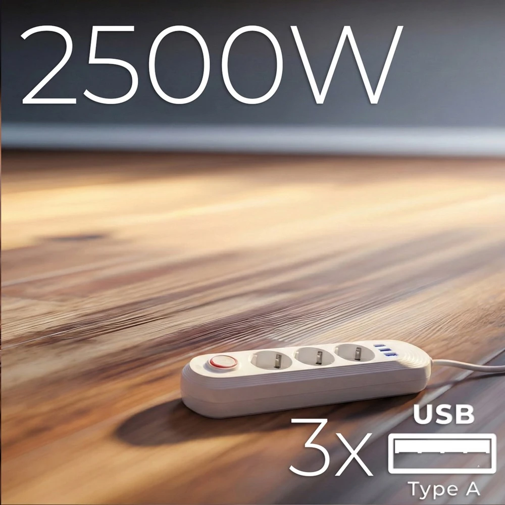 „Maclean“ maitinimo jungtis, 3 lizdų prailgintuvas + 3xUSB, 110-240V AC 50/60Hz, 2.1A max 2500W, 1.5m, baltas, MCE394 W