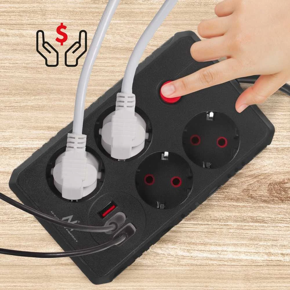 „Maclean“ maitinimo laidas, 4 lizdų prailginimo laidas + 3xUSB, 110-240V AC 50/60Hz, 2.1A max 2500W, 1.5m, juodas, MCE392 B