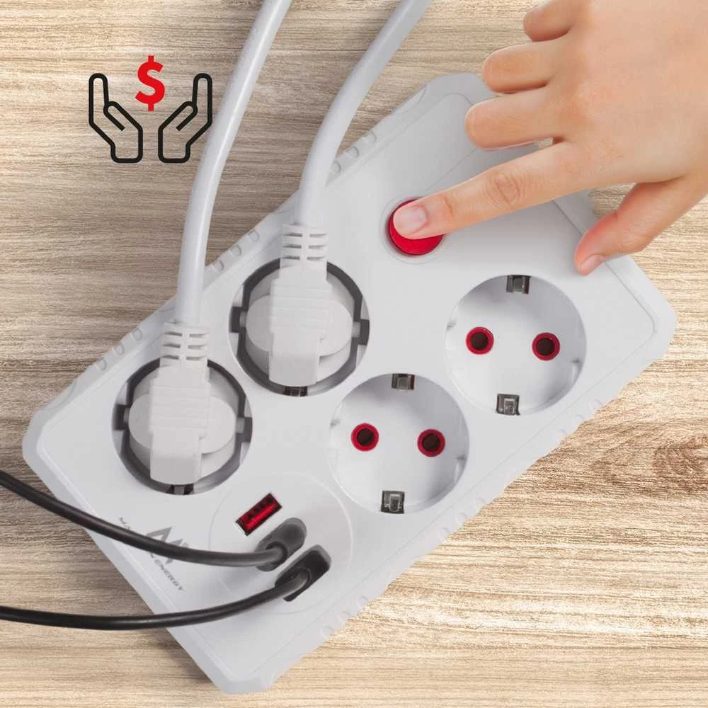 „Maclean“ maitinimo laidas, 4 lizdų prailginimo laidas + 3xUSB, 110–240 V AC 50/60 Hz, 2,1 A maks. 2500 W, 3 m, baltas, MCE393 W