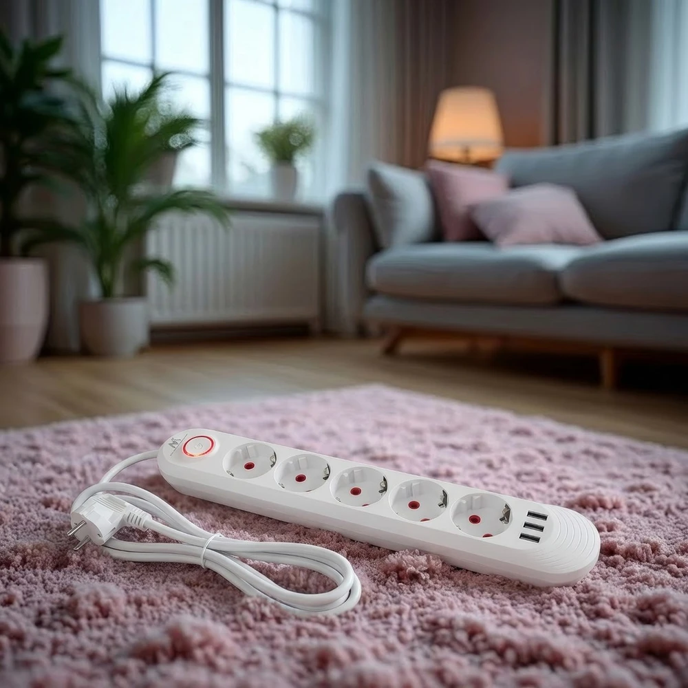 „Maclean“ maitinimo jungtis, 5 lizdų prailgintuvas + 3xUSB, 110-240V AC 50/60Hz, 2.1A max 2500W, 1.5m, baltas, MCE395 W