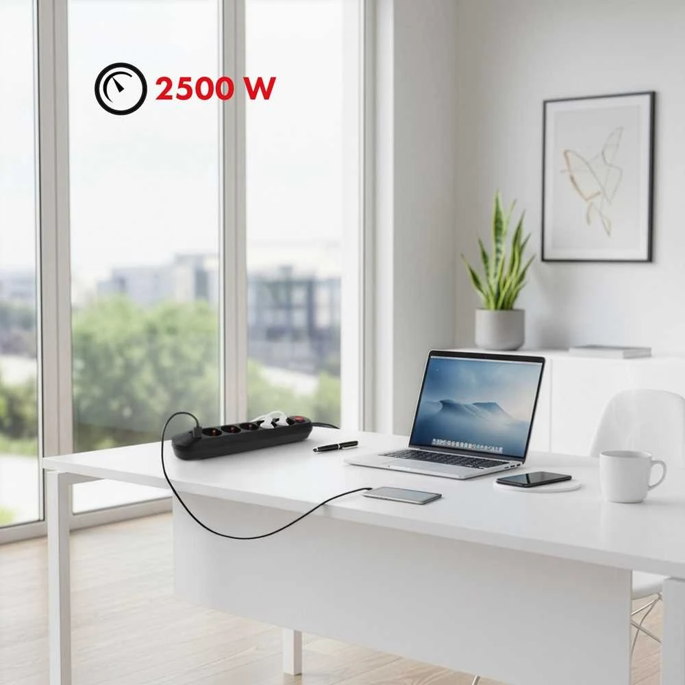 „Maclean“ maitinimo laidas, 5 lizdų prailginimo laidas + 3xUSB, 110-240V AC 50/60Hz, 2.1A max 2500W, 1.5m, juodas, MCE395 B