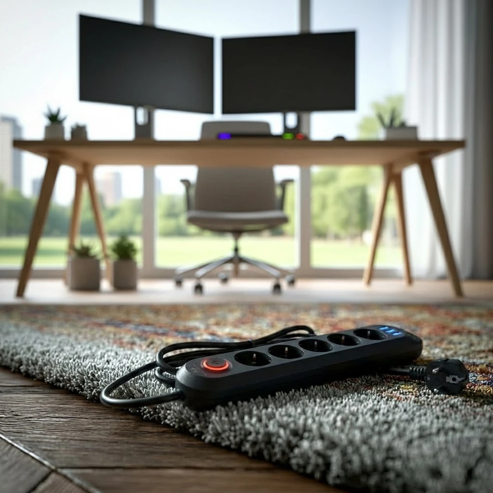 „Maclean“ maitinimo laidas, 5 lizdų prailginimo laidas + 3xUSB, 110-240V AC 50/60Hz, 2.1A max 2500W, 1.5m, juodas, MCE395 B