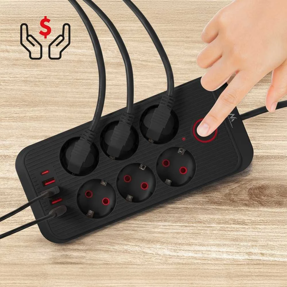 „Maclean“ maitinimo lizdas, 6 lizdų prailgintuvas + 4xUSB, 110-240V AC 50/60Hz, 2.1A max 2500W, 3m, juodas, MCE391 B