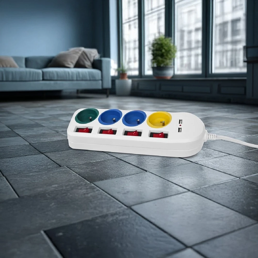 Maclean maitinimo juostelė, ilgintuvas 4 lizdai + 2xUSB, su jungikliais, 250VAC/10A, 2.1A 5V, 1.5m, baltas, MCE229 W