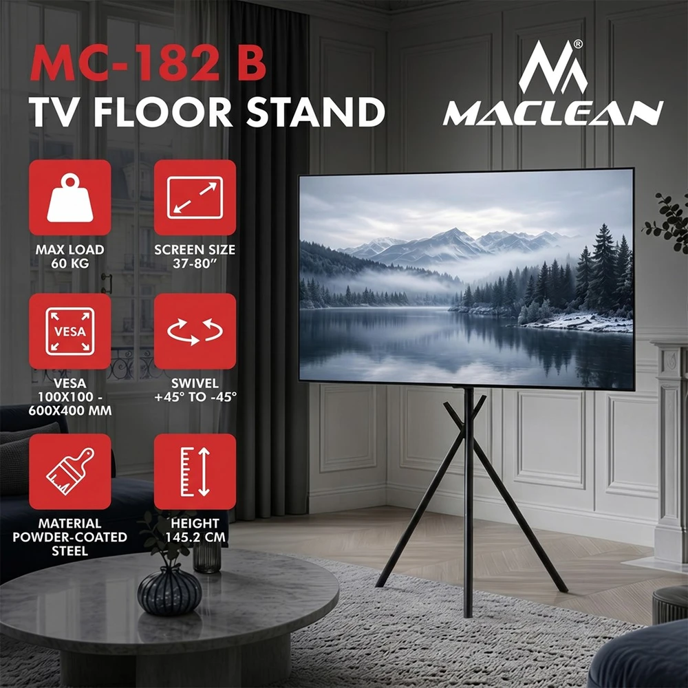 „Maclean“ televizoriaus grindų stovas / laikiklis, 37–80 colių, maks. VESA 600x400, maks. 60 kg, MC-182 B