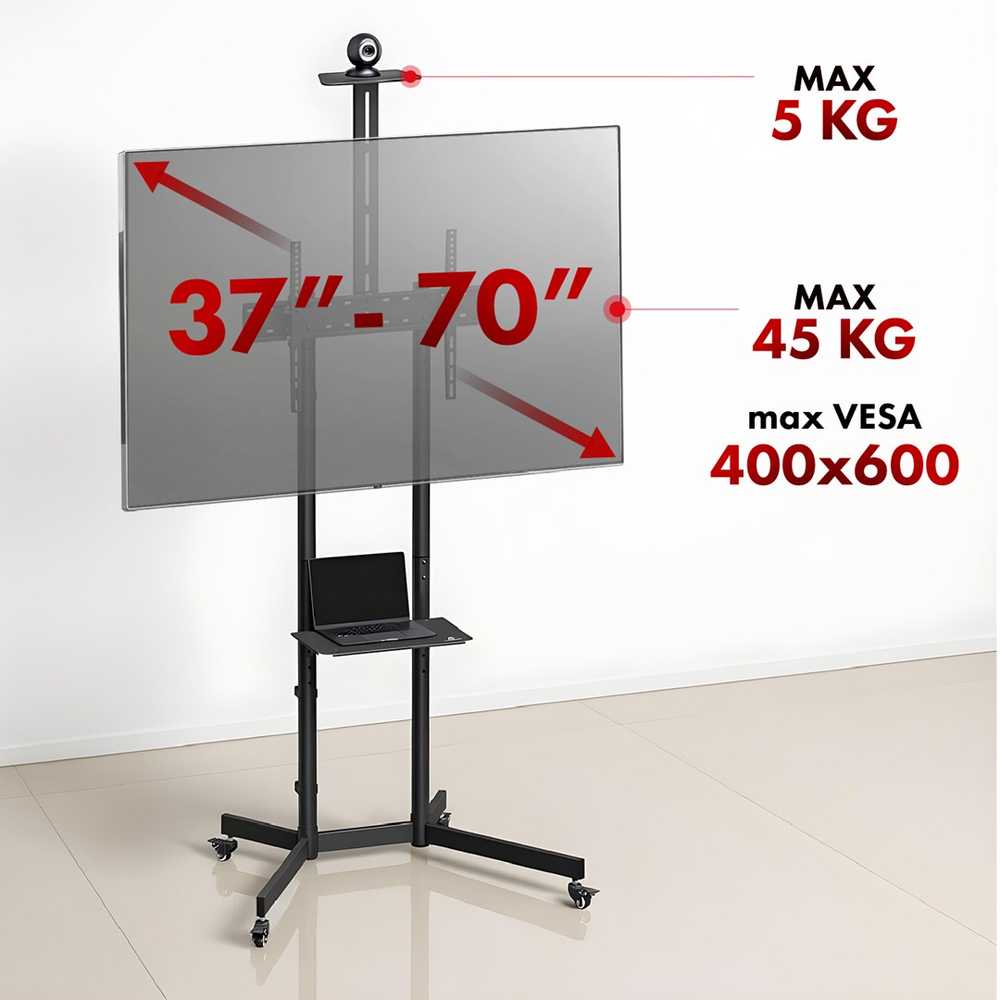 Laikiklis „Maclean“ televizoriaus stovas / vežimėlis, lentyna kamerai, ant ratukų, 37–70 colių, maks. apkrova 45 kg / lentyna 5kg, maks. VESA 600x400, MC-113 B