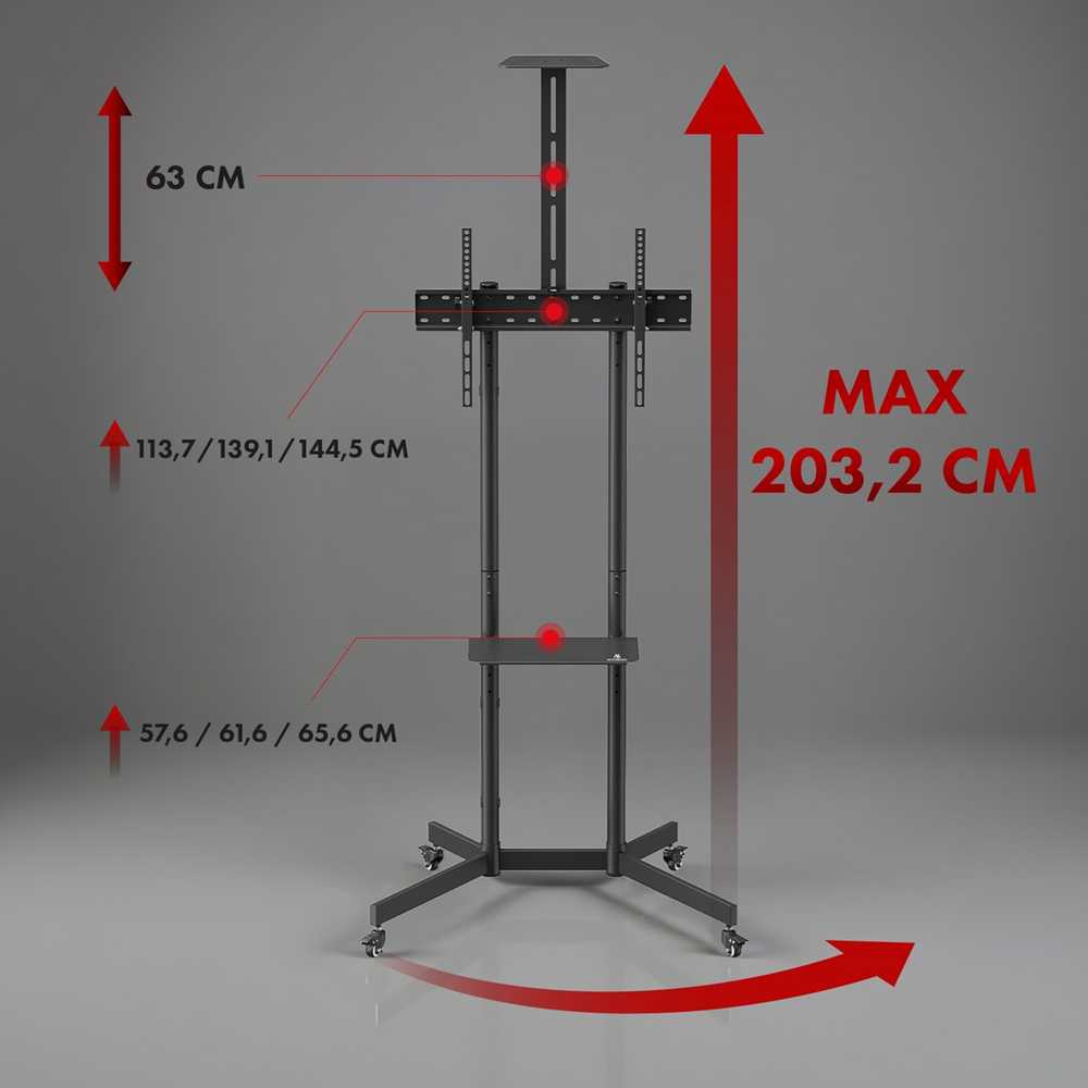 Laikiklis „Maclean“ televizoriaus stovas / vežimėlis, lentyna kamerai, ant ratukų, 37–70 colių, maks. apkrova 45 kg / lentyna 5kg, maks. VESA 600x400, MC-113 B