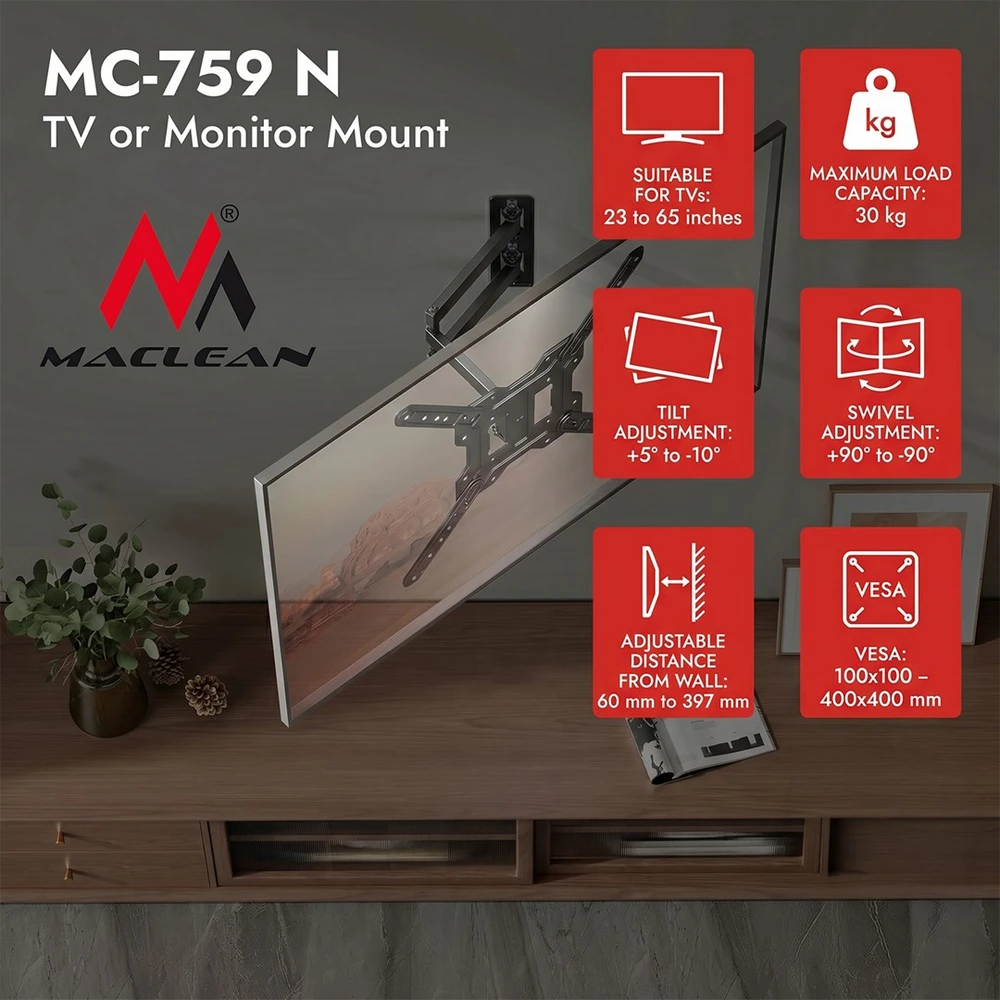 Laikiklis „Maclean“ televizoriaus arba monitoriaus laikiklis/pakabiklis, maks. 23–65", maks. apkrova 30 kg, universalus, maks. VESA 400x400, MC-759 N