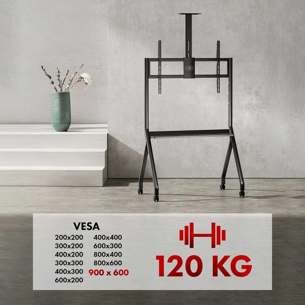 Laikiklis „Maclean“ televizoriaus stovas / vežimėlis, lentyna kamerai, su ratukais, 55–100", maks. apkrova 120 kg / 10 kg lentynos, maks. VESA 900x600, juodas, MC-114 B