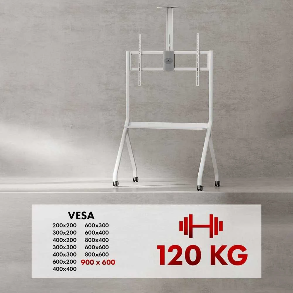 Laikiklis „Maclean“ televizoriaus stovas / vežimėlis, lentyna kamerai, su ratukais, 55–100", maks. apkrova 120 kg / 10 kg lentynos, maks. VESA 900x600, baltas, MC-114 W