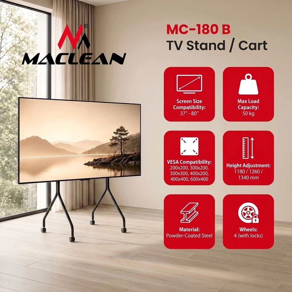 Laikiklis Stand „Maclean“ televizoriaus stovas/vežimėlis, ant ratukų, 37–80", maks. apkrova 50 kg, maks. VESA 600x400, juodas, MC-180 B