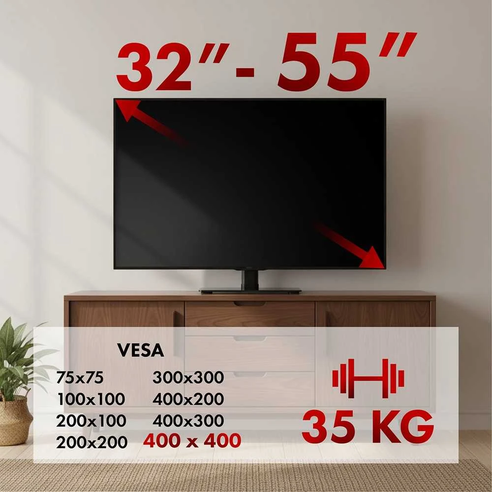 Laikiklis „Maclean“ universalus televizoriaus stovas, RTV spintelei, stovas, maks. 35 kg, 20 laipsnių pasukimas, 32–55 colių televizoriams, MC-132