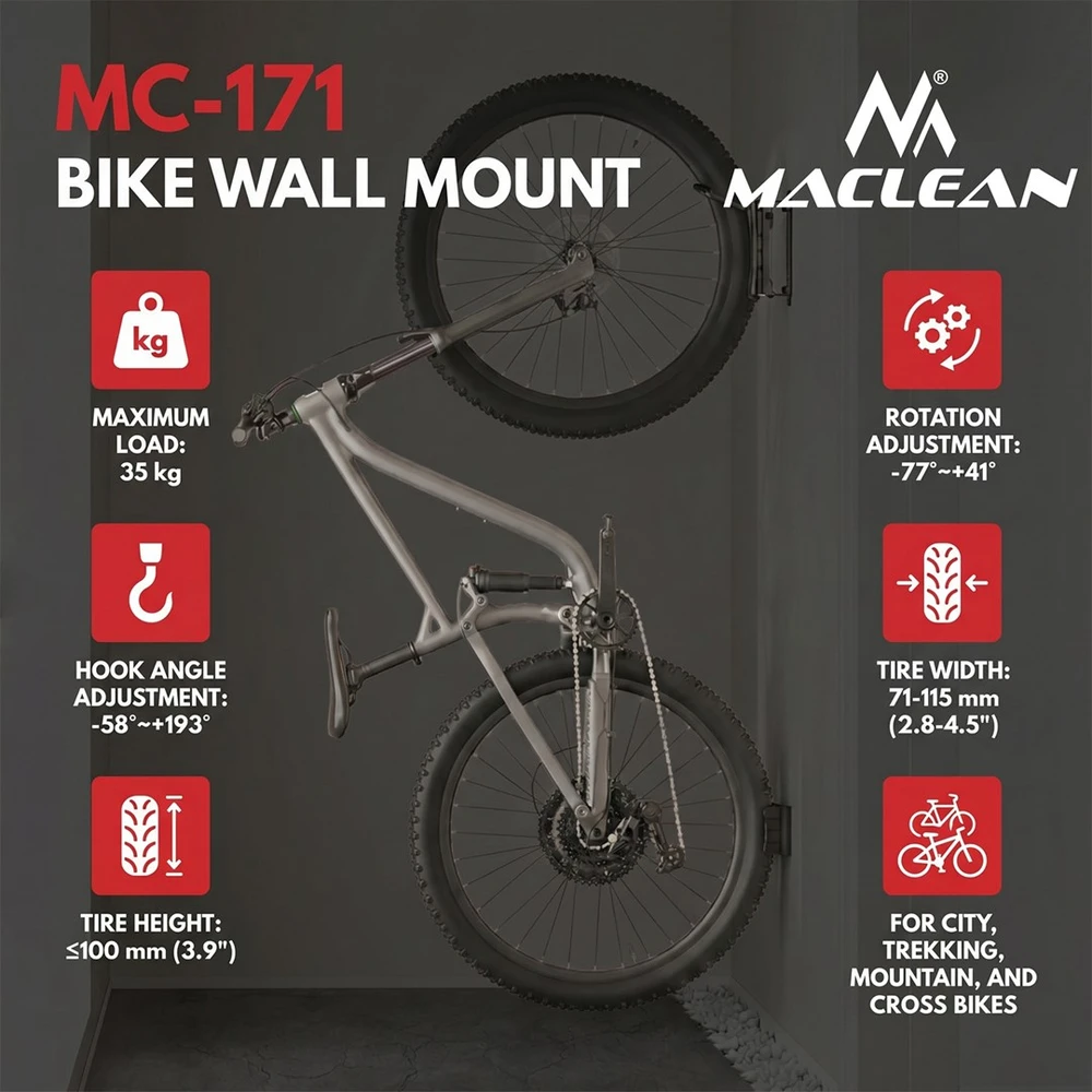 Rowerowy „Maclean“ dviračio laikiklis / sieninis pakabukas, maks. apkrova 35 kg, reguliuojamas pasvirimo kampas, plienas, MC-171