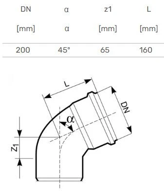 Lauko kanalizacijos alkūnė Magnaplast, Ø 200 mm, 45°