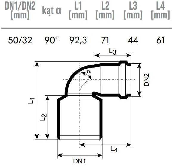Magnaplast Vidaus kanalizacijos redukcinė alkūnė HTplus Ø32/50 mm balta