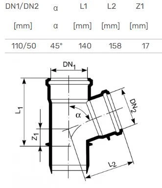 Magnaplast Vidaus kanalizacijos trišakis HTplus, Ø 50/ 110 mm, 45°