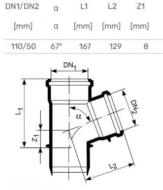 Magnaplast Vidaus kanalizacijos trišakis HTplus, Ø 50 / 110 mm, 67°