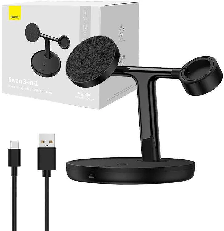 Baseus Belaidis magnetinis įkroviklis, stovas 20W trims Apple įrenginiams, juodas