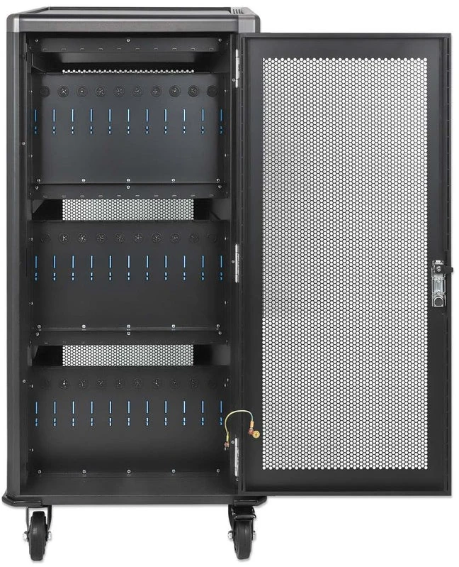 Manhattan Nešiojamas kompiuteris Įkrovimo spintelė su vežimėliu per USB-C, 65 W, 16 colių, 30 lizdų, tinka nešiojamiesiems kompiuteriams su USB-C jungtimi (iki 16 colių), iPad, MacBook, Chromebook ir kitiems įrenginiams su USB-C jungtimi, lizdai 395 x 32,5 x 290 mm, pridedami USB-C įkrovimo laidai, spintelė, JK ir ES.