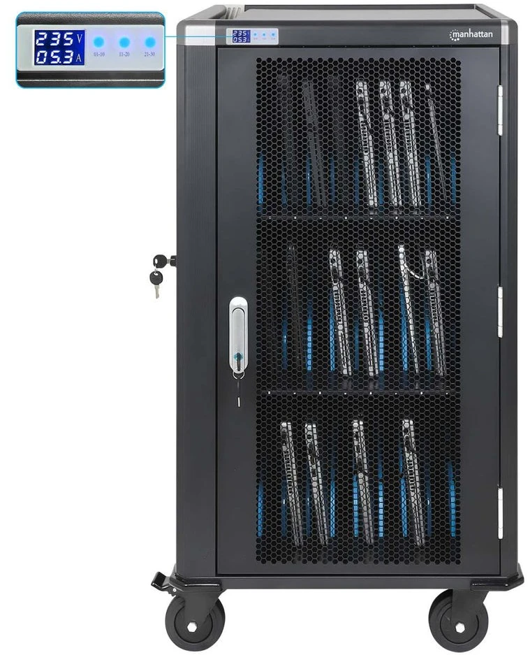 Manhattan Nešiojamas kompiuteris Charging Cart/Trolley via AC Adapteris (EU) 30-bay, Install device's AC Adapteris (power cables) into unit, Suitable for ALL laptops (to 16"), iPads, MacBooks, Chromebooks, other portable devices, Bays 380x30x280mm, Cabinet, Lockable
