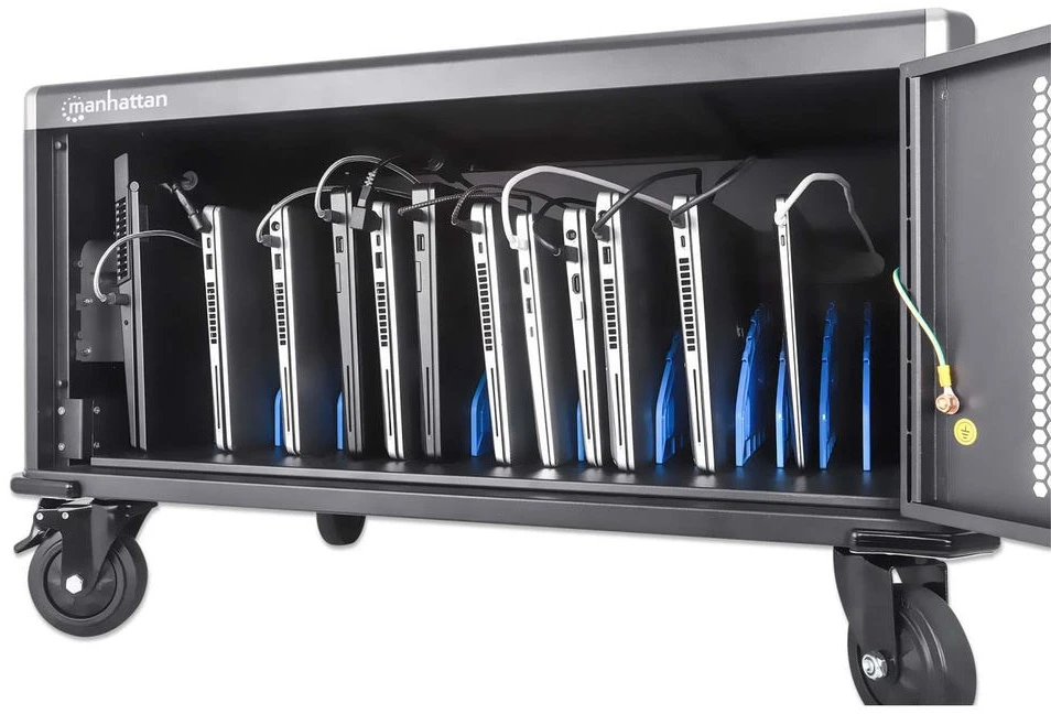 Manhattan Nešiojamas kompiuteris Charging Cabinet Desktop via AC Adapteris (EU) 20-bay, Install device's AC Adapteris (power cables) into unit, Suitable for ALL laptops (to 16"), iPads, MacBooks, Chromebooks, other portable devices, Bays 380x30x280mm, Cart, Lockable