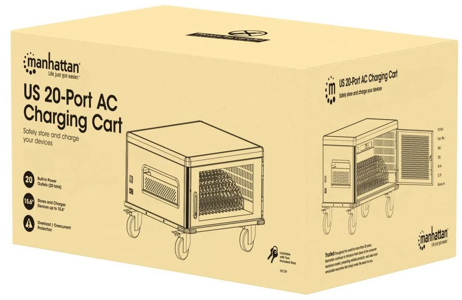 Manhattan Nešiojamas kompiuteris Charging Cabinet Desktop via AC Adapteris (EU) 20-bay, Install device's AC Adapteris (power cables) into unit, Suitable for ALL laptops (to 16"), iPads, MacBooks, Chromebooks, other portable devices, Bays 380x30x280mm, Cart, Lockable