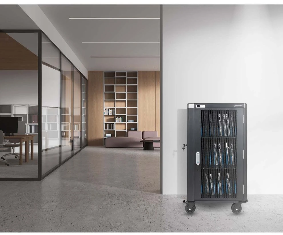 Manhattan Nešiojamas kompiuteris Charging Cart/Trolley via AC Adapteris (EU) 30-bay, Install device's AC Adapteris (power cables) into unit, Suitable for ALL laptops (to 16"), iPads, MacBooks, Chromebooks, other portable devices, Bays 380x30x280mm, Cabinet, Lockable
