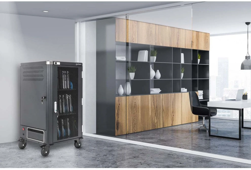Manhattan Nešiojamas kompiuteris Charging Cart/Trolley via AC Adapteris (EU) 30-bay, Install device's AC Adapteris (power cables) into unit, Suitable for ALL laptops (to 16"), iPads, MacBooks, Chromebooks, other portable devices, Bays 380x30x280mm, Cabinet, Lockable