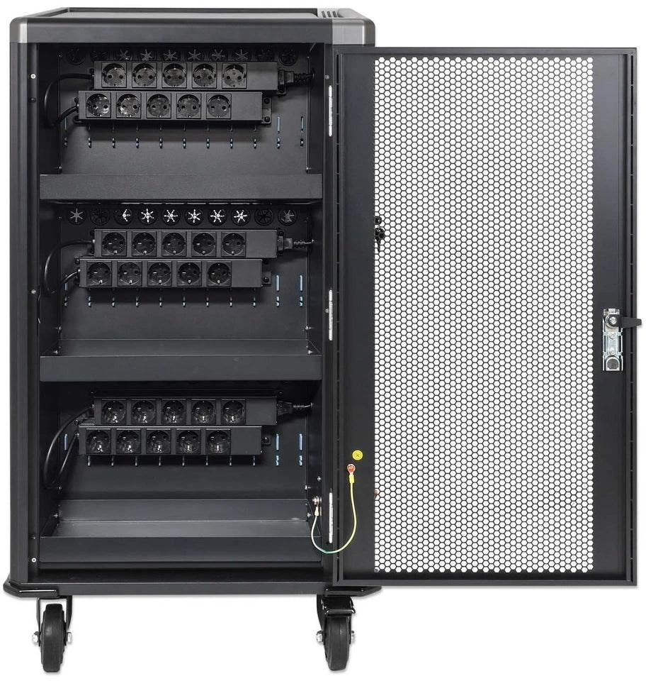 Manhattan Nešiojamas kompiuteris Charging Cart/Trolley via AC Adapteris (EU) 30-bay, Install device's AC Adapteris (power cables) into unit, Suitable for ALL laptops (to 16"), iPads, MacBooks, Chromebooks, other portable devices, Bays 380x30x280mm, Cabinet, Lockable
