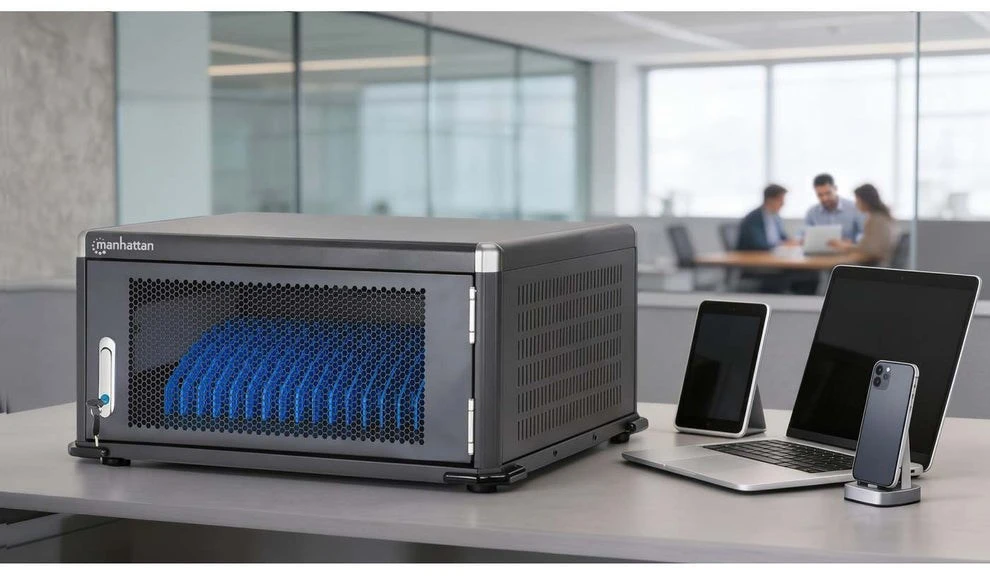 Manhattan Nešiojamas kompiuteris Charging Cabinet Desktop via AC Adapteris (EU) 20-bay, Install device's AC Adapteris (power cables) into unit, Suitable for ALL laptops (to 16"), iPads, MacBooks, Chromebooks, other portable devices, Bays 380x30x280mm, Cart, Lockable
