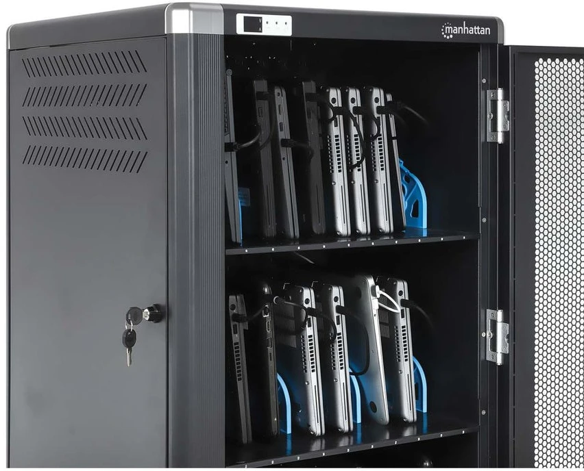 Manhattan Nešiojamas kompiuteris Charging Cart/Trolley via AC Adapteris (EU) 30-bay, Install device's AC Adapteris (power cables) into unit, Suitable for ALL laptops (to 16"), iPads, MacBooks, Chromebooks, other portable devices, Bays 380x30x280mm, Cabinet, Lockable