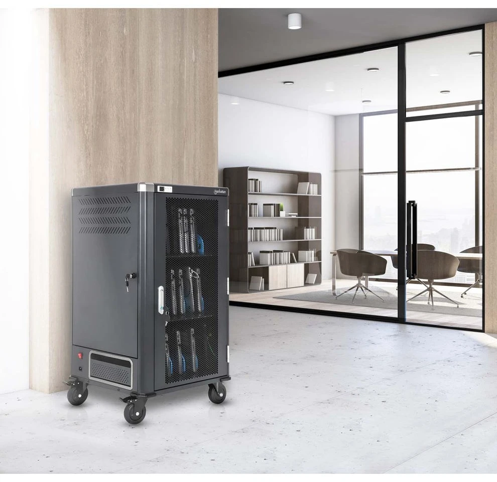 Manhattan Nešiojamas kompiuteris Charging Cart/Trolley via AC Adapteris (EU) 30-bay, Install device's AC Adapteris (power cables) into unit, Suitable for ALL laptops (to 16"), iPads, MacBooks, Chromebooks, other portable devices, Bays 380x30x280mm, Cabinet, Lockable