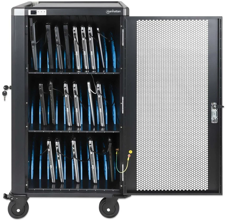 Manhattan Nešiojamas kompiuteris Charging Cart/Trolley via AC Adapteris (EU) 30-bay, Install device's AC Adapteris (power cables) into unit, Suitable for ALL laptops (to 16"), iPads, MacBooks, Chromebooks, other portable devices, Bays 380x30x280mm, Cabinet, Lockable