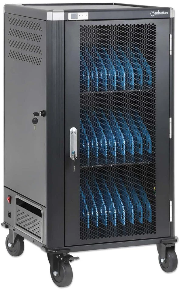 Manhattan Nešiojamas kompiuteris Charging Cart/Trolley via AC Adapteris (EU) 30-bay, Install device's AC Adapteris (power cables) into unit, Suitable for ALL laptops (to 16"), iPads, MacBooks, Chromebooks, other portable devices, Bays 380x30x280mm, Cabinet, Lockable