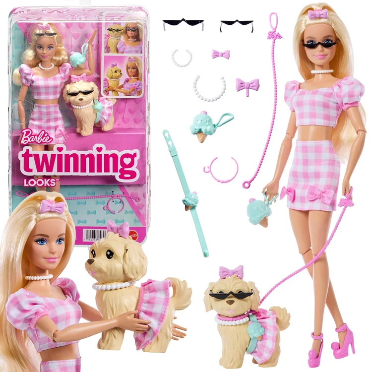Mattel BARBIE TWINNING LOOKS šviesiaplaukės lėlės ir šunelio rinkinys (JFP36)