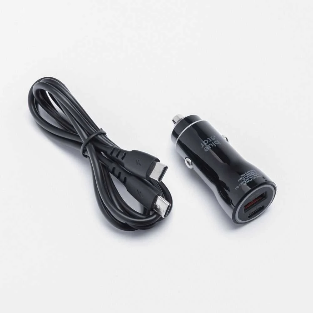 BlueStar Įkroviklis automobilinis Blue Star (1xUSB-C; QC 3.0; 30W) + laidas "USB-C(Type-C) to USB-C(Type-C)" juodas