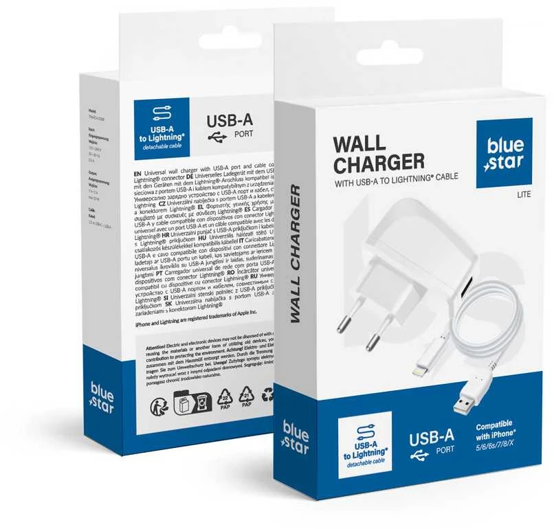 BlueStar Telefono įkroviklis Blue Star Lite USB A 1A 5W + laidas USB A į Lightning TFK-TC-1095B baltas