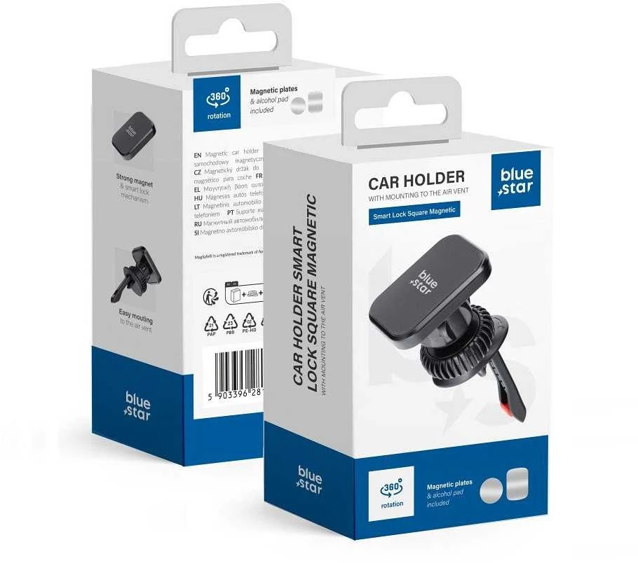 BlueStar Magnetinis automobilio telefono laikiklis „Blue Star Smart Lock Square“ juodas oro išleidimo angos dangtelis