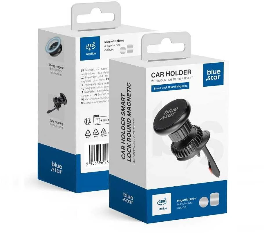 BlueStar Magnetinis automobilio telefono laikiklis „Blue Star Smart Lock Round“ oro išleidimo anga, juodas