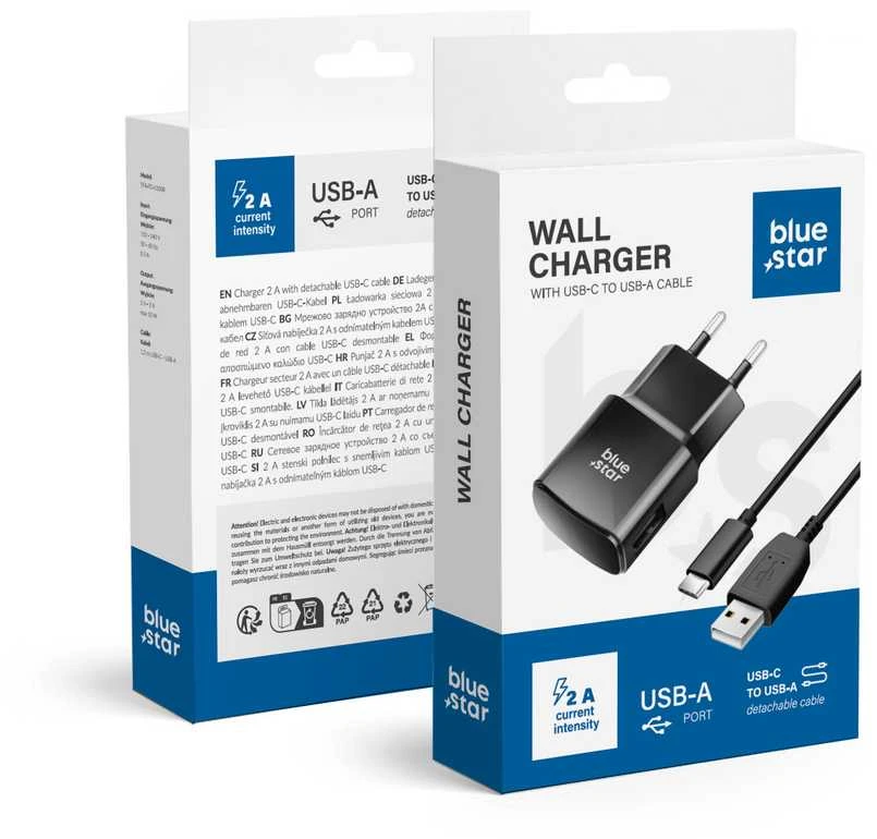 BlueStar Telefono įkroviklis Blue Star USB A 2A 10W + laidas USB A į USB C TFK-TC-1100B juodas