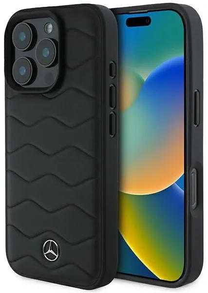Mercedes MB Waves Leather Apple iPhone 16 Pro Case - dėklas telefonui juodos spalvos