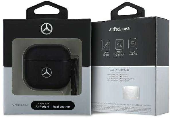 Mercedes MEA4CSLBK AirPods 4 dėklas, juodas, odinis su metaliniu logotipu