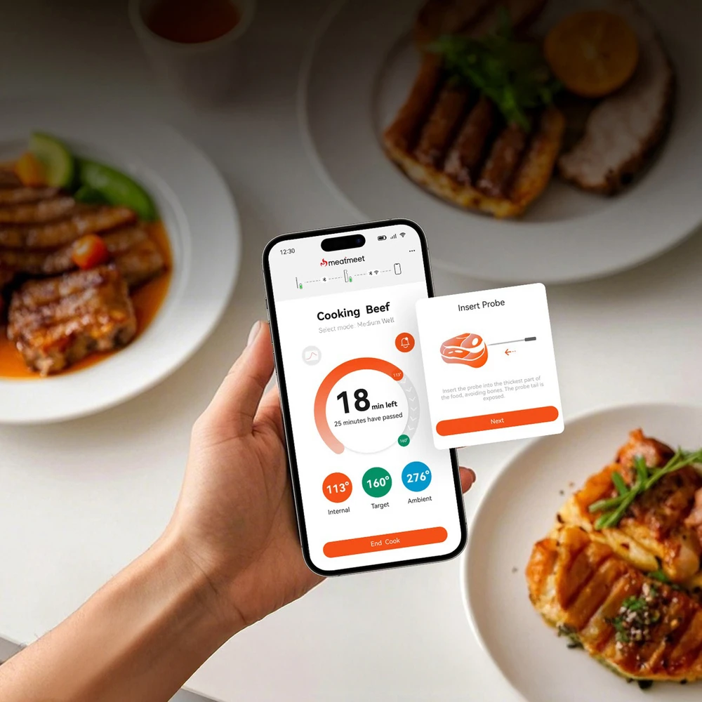 Virtuvinės svarstyklės Nezatříděno „Meatmeet S Pro“ virtuvės termometras su „Bluetooth“ programėle griliams, orkaitėms, rūkykloms – pilkas