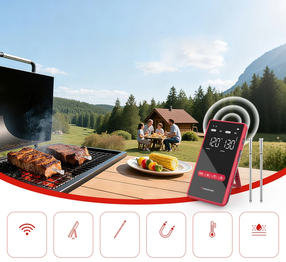 Virtuvinės svarstyklės Metapen „Meatmeet X Pro“ virtuvės termometras su „Bluetooth“ / „WiFi“ programėle kepsninei, orkaitei, rūkyklai - Juoda