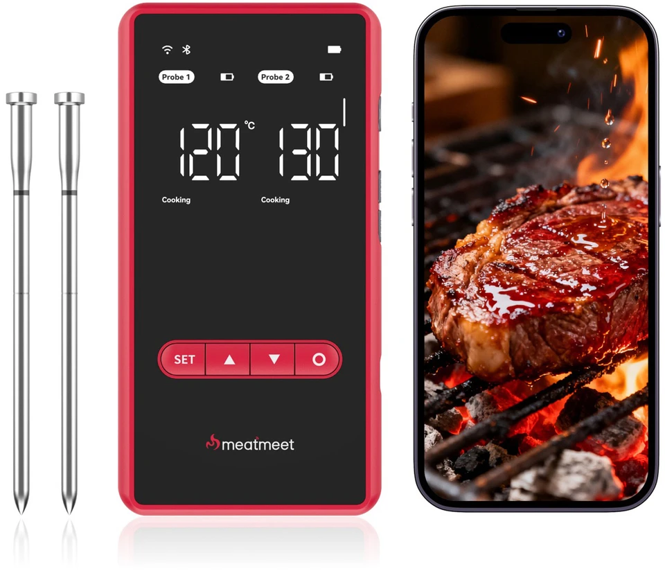Virtuvinės svarstyklės Metapen „Meatmeet X Pro“ virtuvės termometras su „Bluetooth“ / „WiFi“ programėle kepsninei, orkaitei, rūkyklai - Juoda