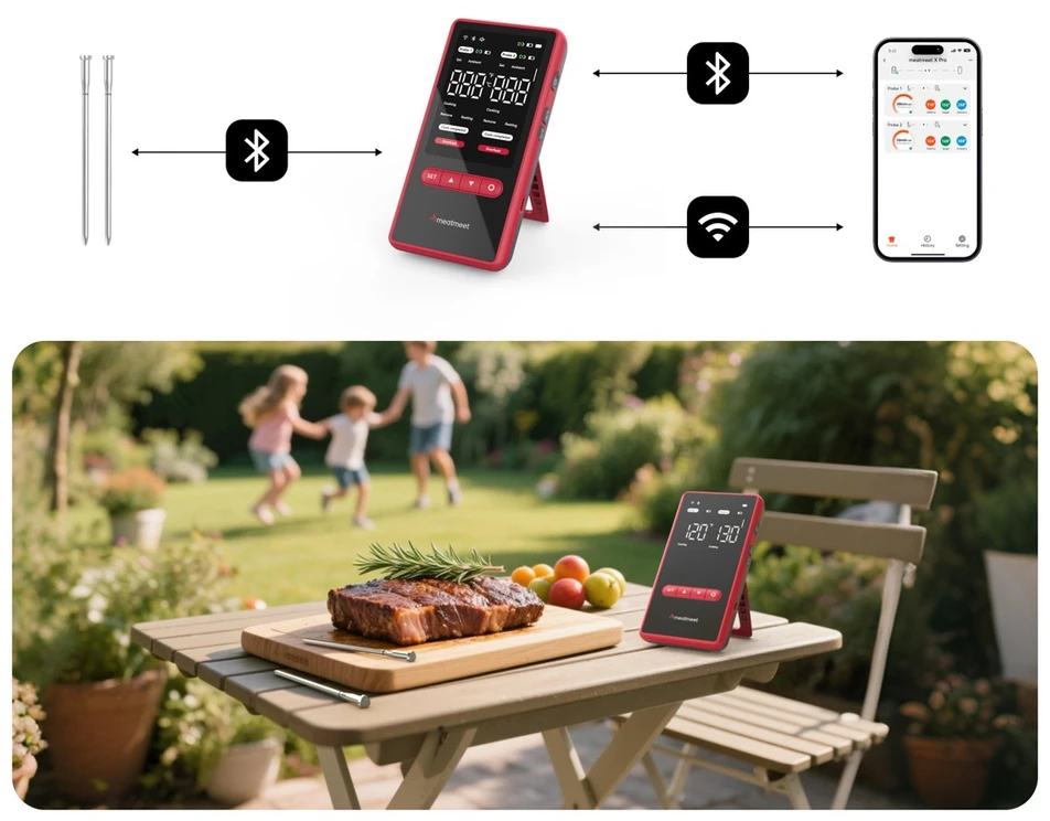 Virtuvinės svarstyklės Metapen „Meatmeet X Pro“ virtuvės termometras su „Bluetooth“ / „WiFi“ programėle kepsninei, orkaitei, rūkyklai - Juoda
