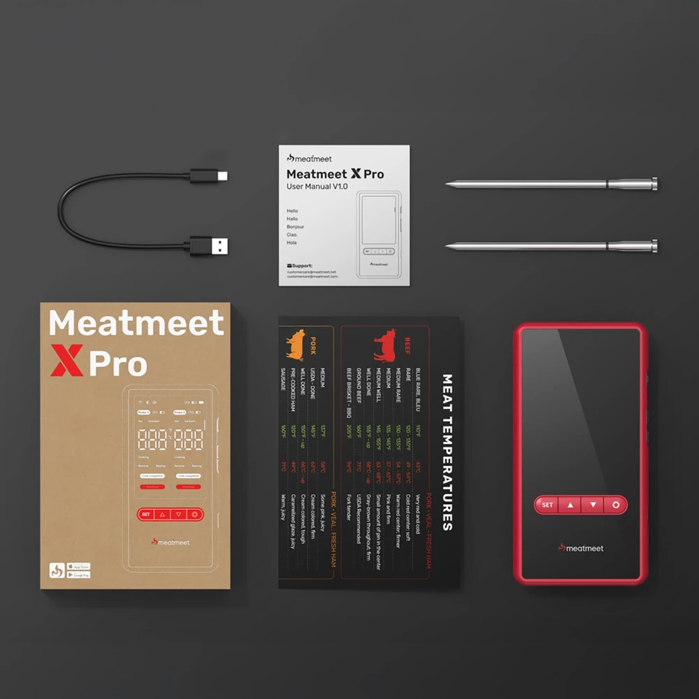 Virtuvinės svarstyklės Metapen „Meatmeet X Pro“ virtuvės termometras su „Bluetooth“ / „WiFi“ programėle kepsninei, orkaitei, rūkyklai - Juoda
