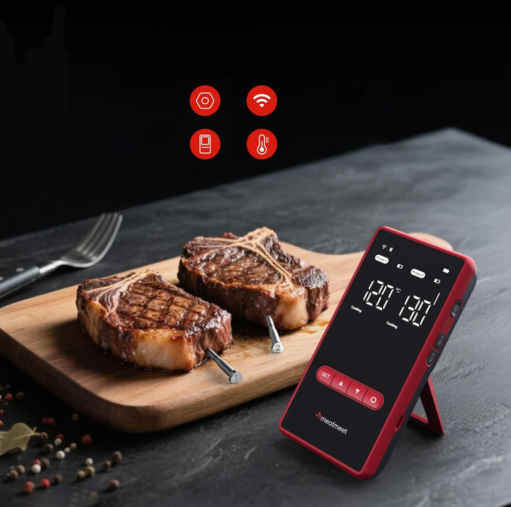 Virtuvinės svarstyklės Metapen „Meatmeet X Pro“ virtuvės termometras su „Bluetooth“ / „WiFi“ programėle kepsninei, orkaitei, rūkyklai - Juoda